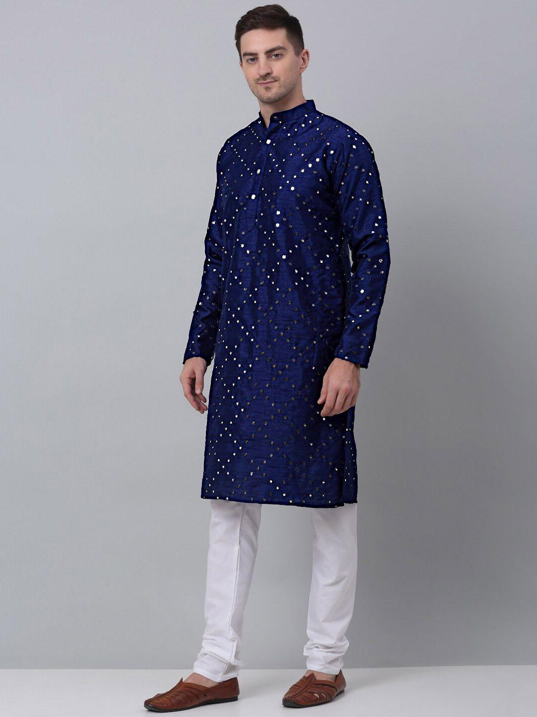 jompers men navy blue embroidered regular mirror work dupion silk kurta with churidar