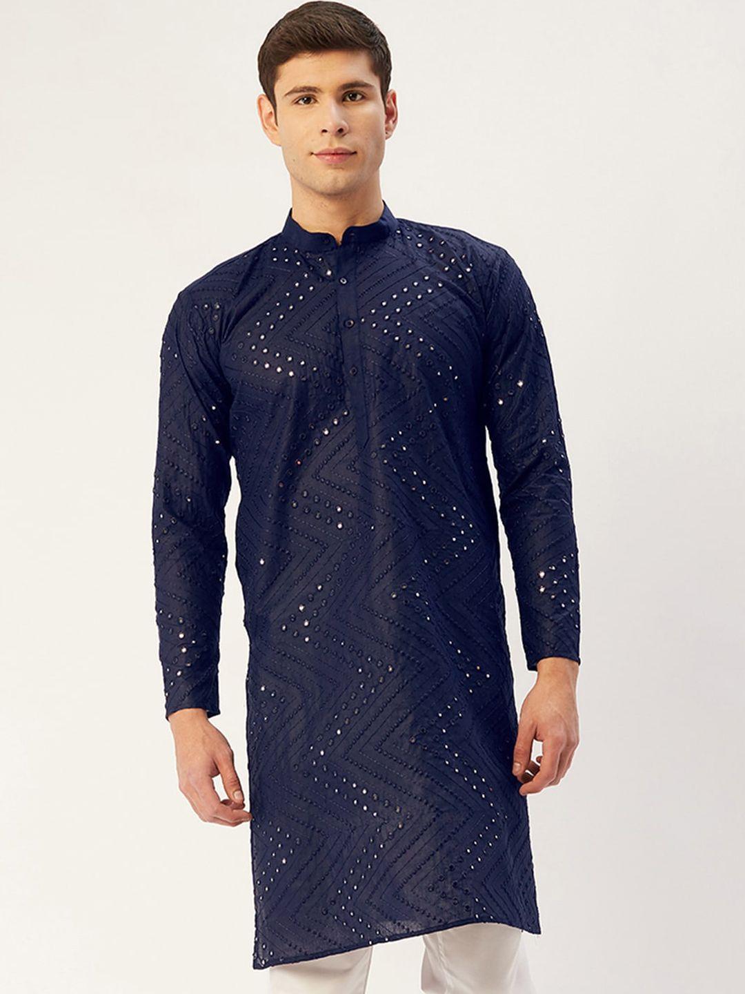 jompers men navy blue ethnic motifs printed pure cotton mirror work kurta