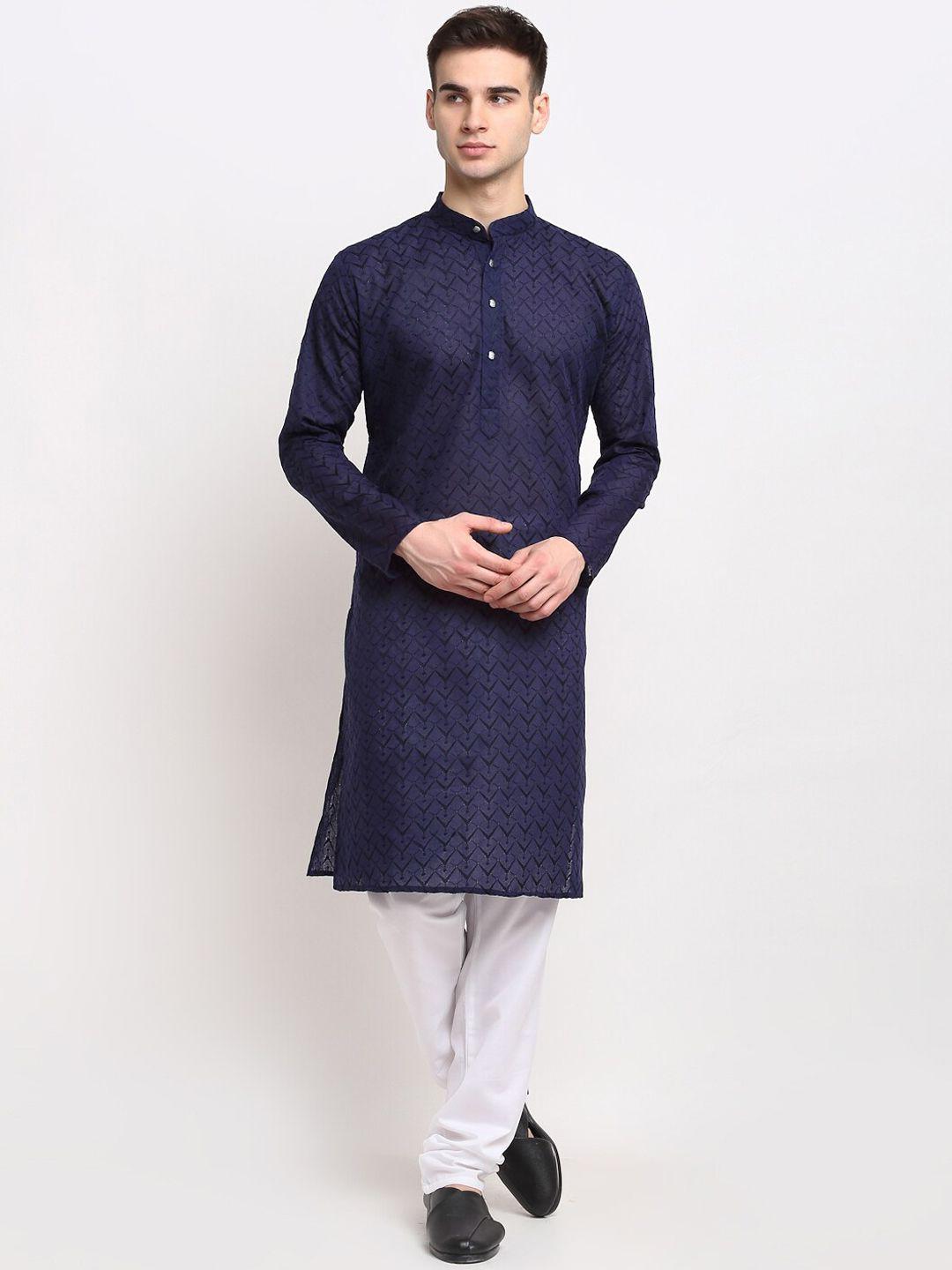 jompers men navy blue floral embroidered chikankari pure cotton kurta with pyjamas