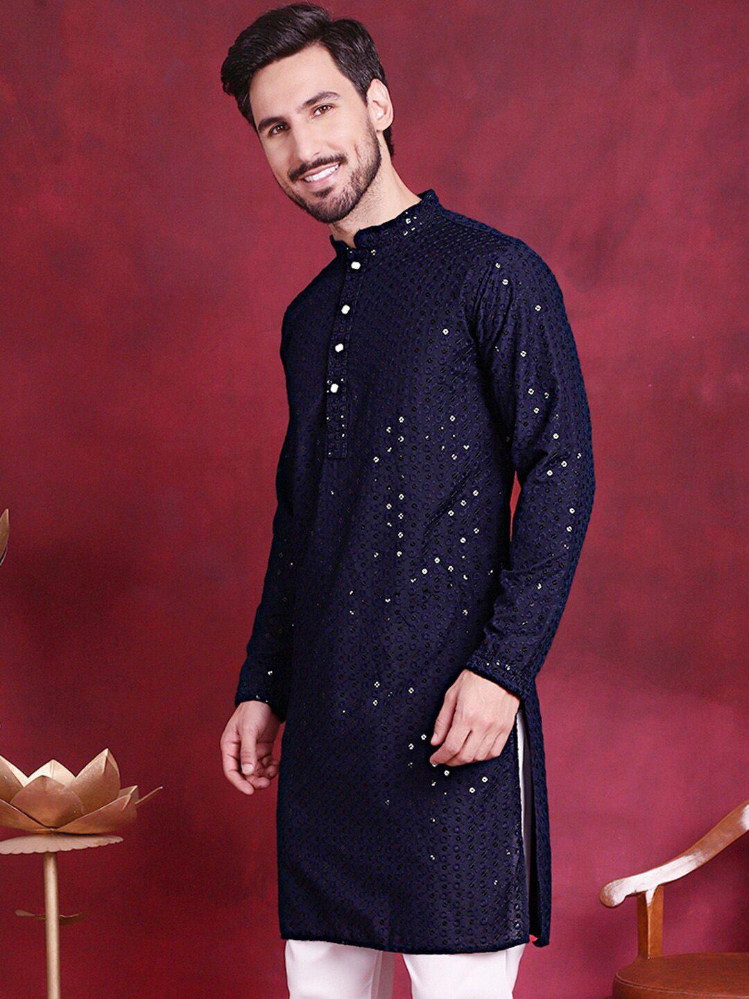 jompers men navy blue floral embroidered sequinned kurta