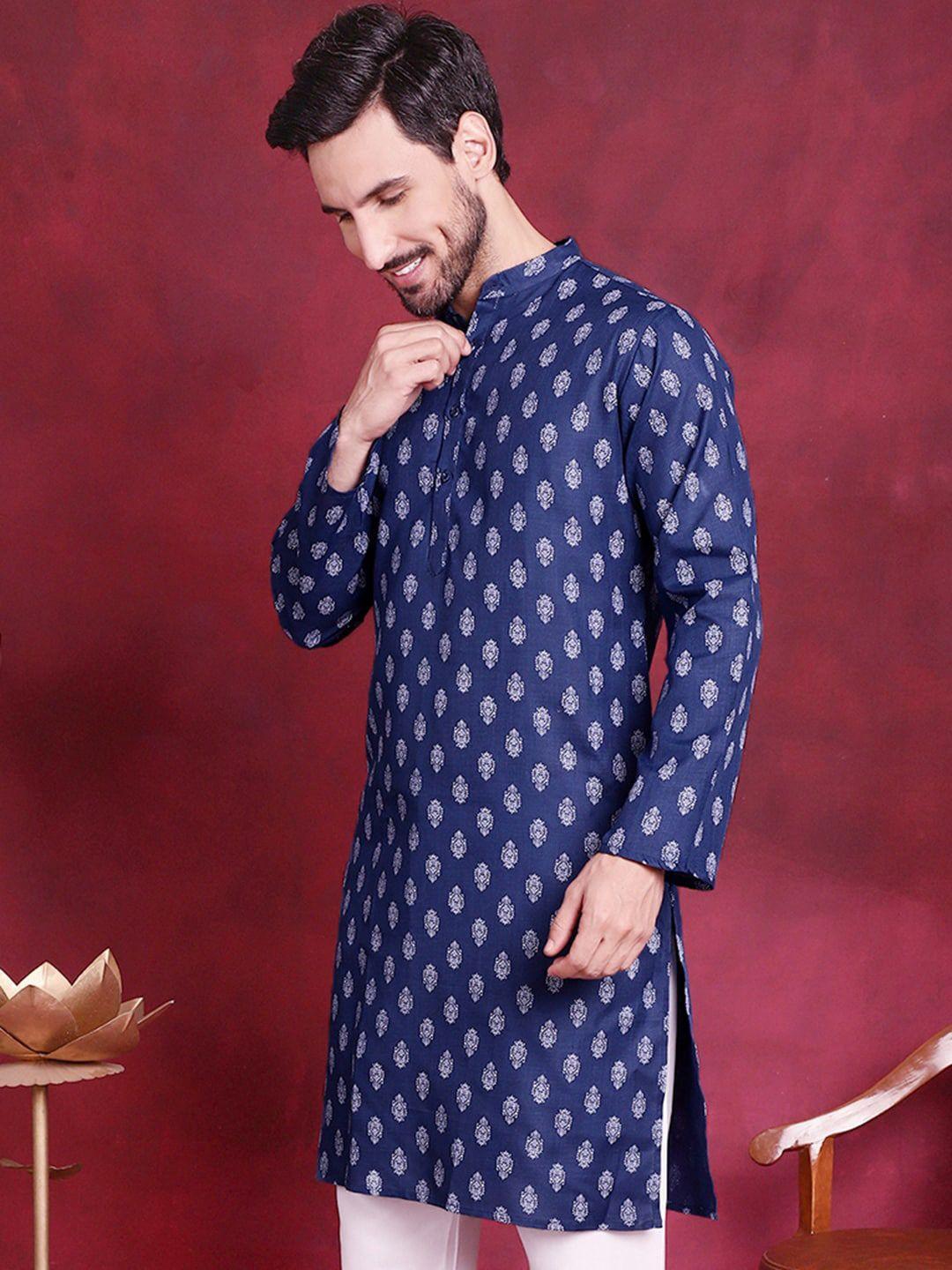 jompers men navy blue floral printed kurta