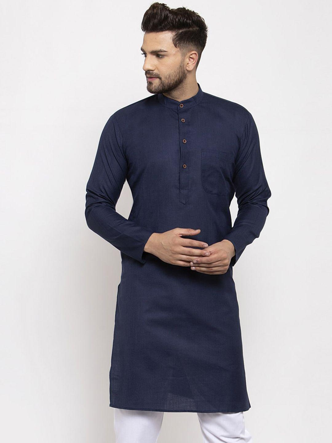 jompers men navy blue pure cotton straight kurta