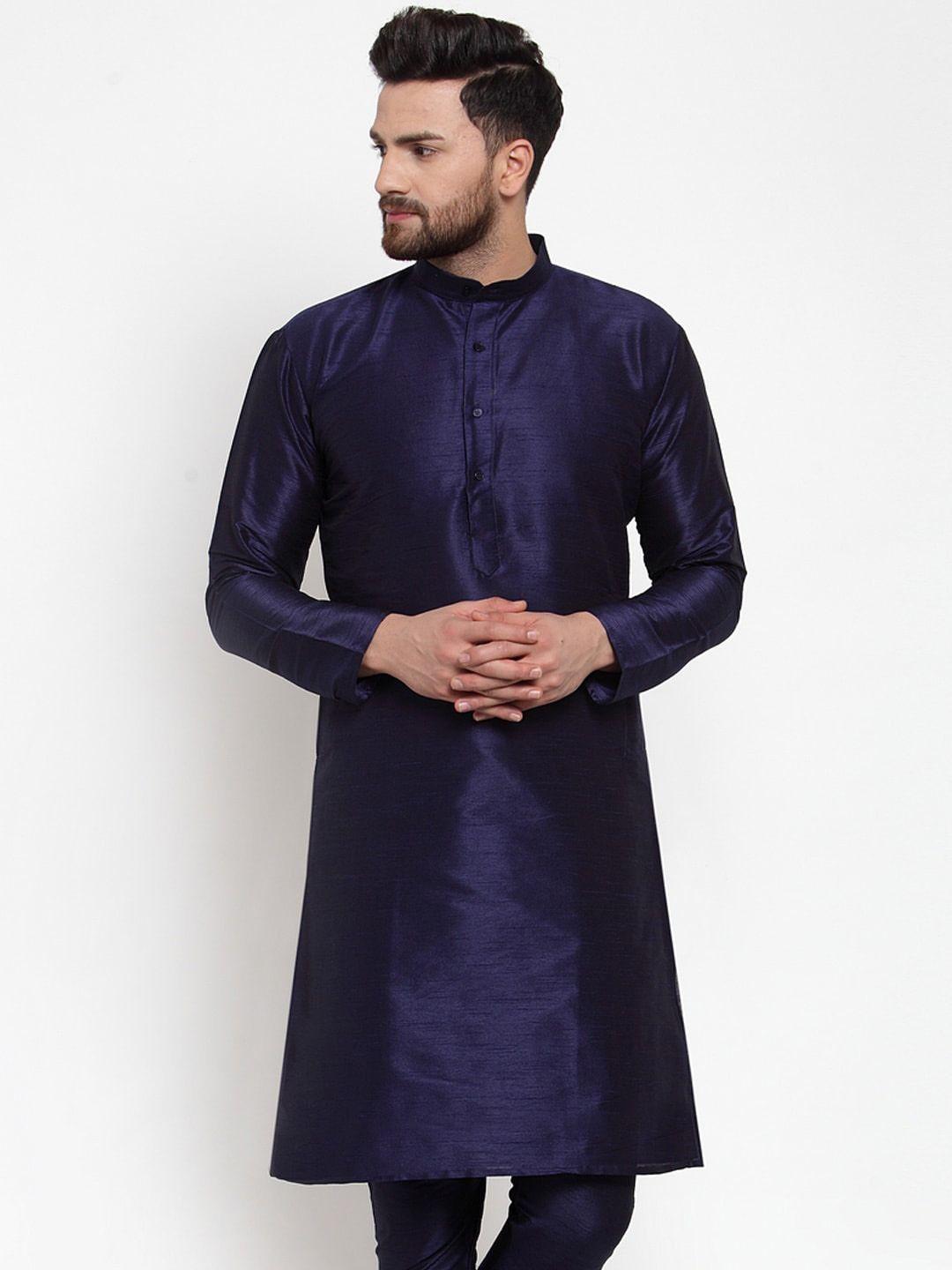 jompers men navy blue solid straight kurta