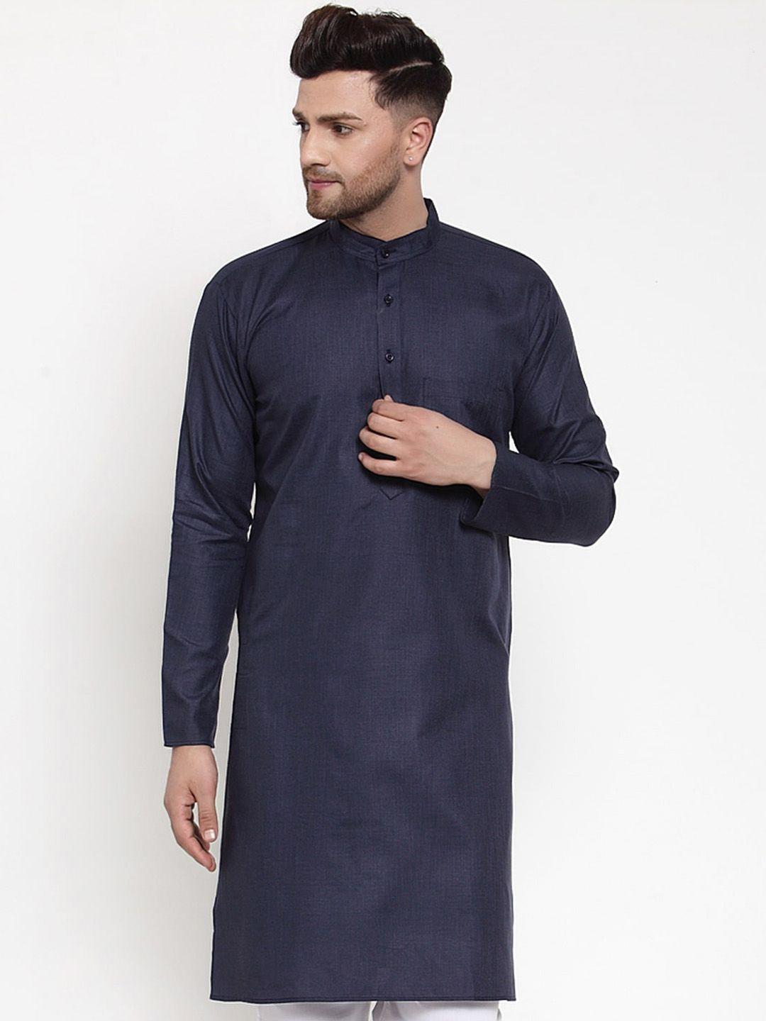 jompers men navy blue solid straight kurta