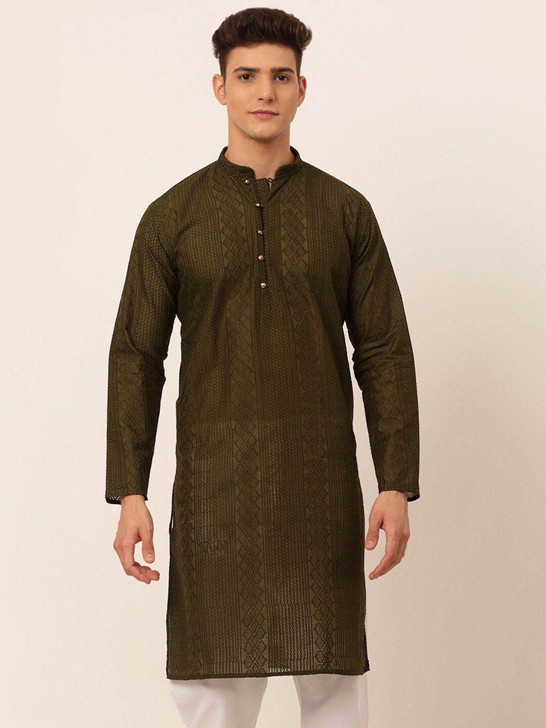 jompers men olive green thread work kurta