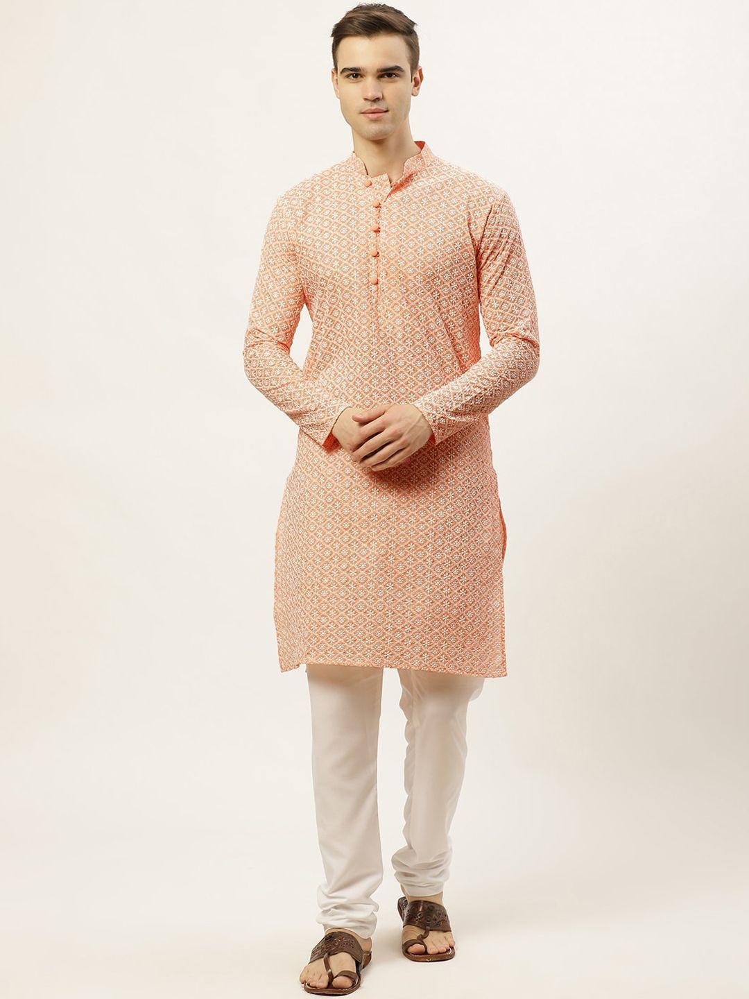 jompers men orange & white ethnic motifs embroidered pure cotton kurta with pyjamas