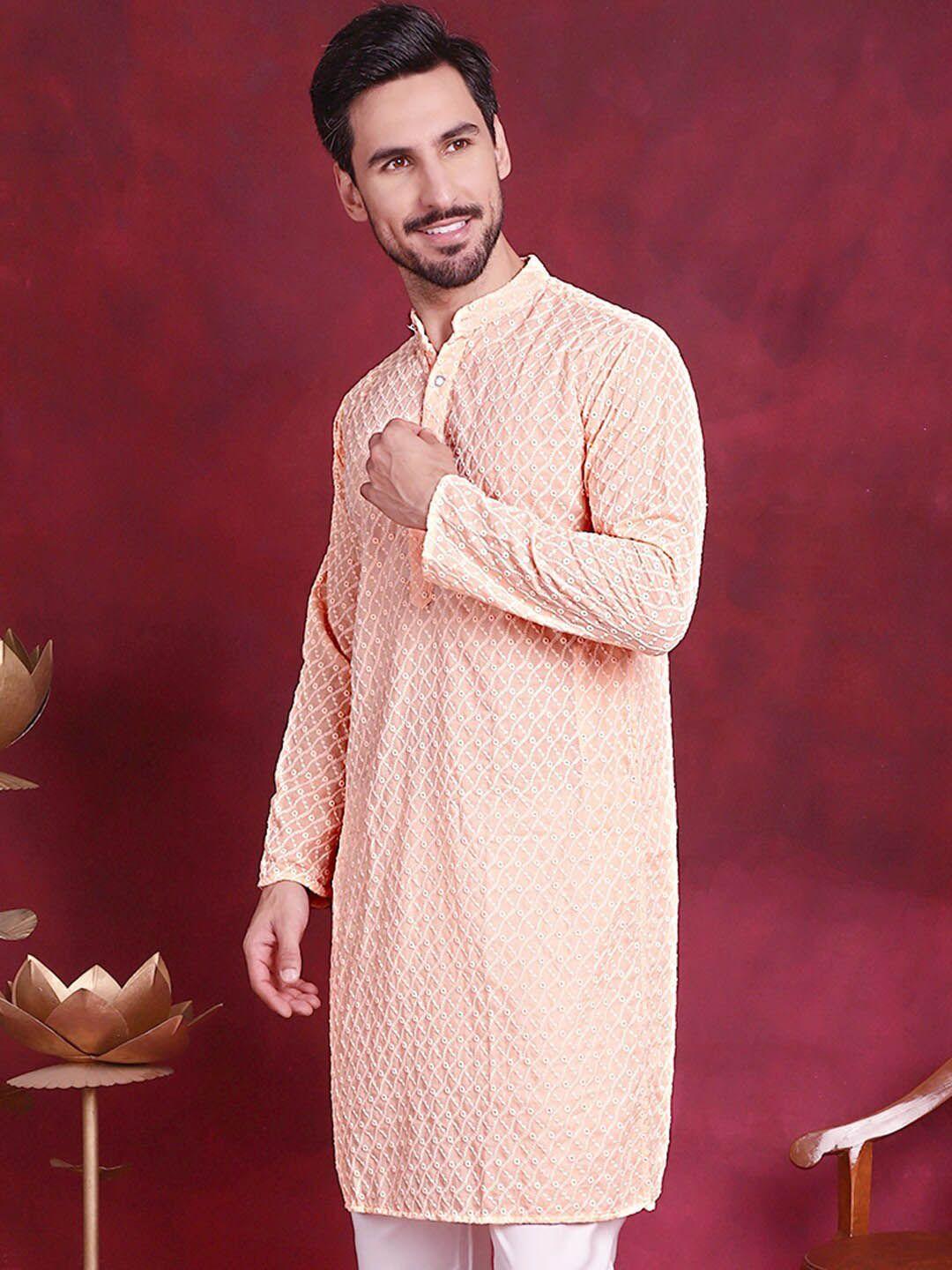 jompers men orange leheriya embroidered chikankari kurta