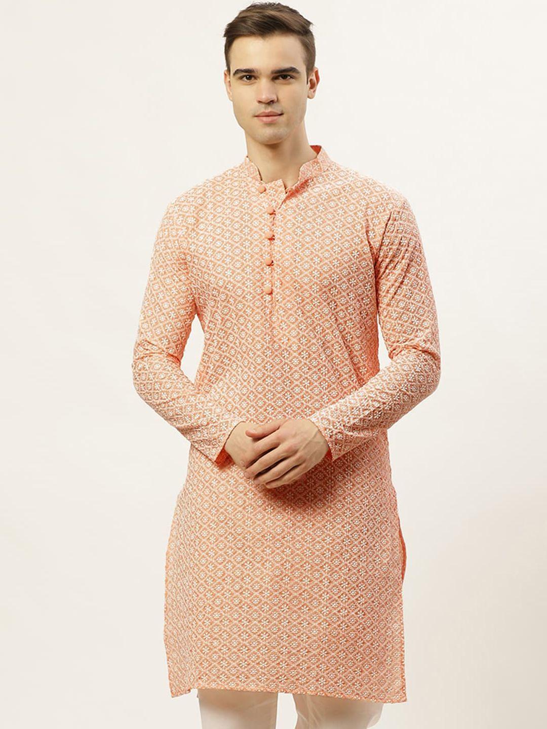 jompers men orange pure cotton floral embroidered straight kurta