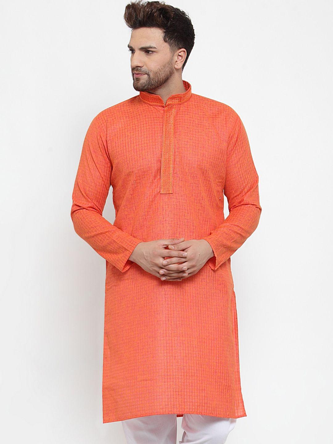 jompers men orange woven design cotton kurta