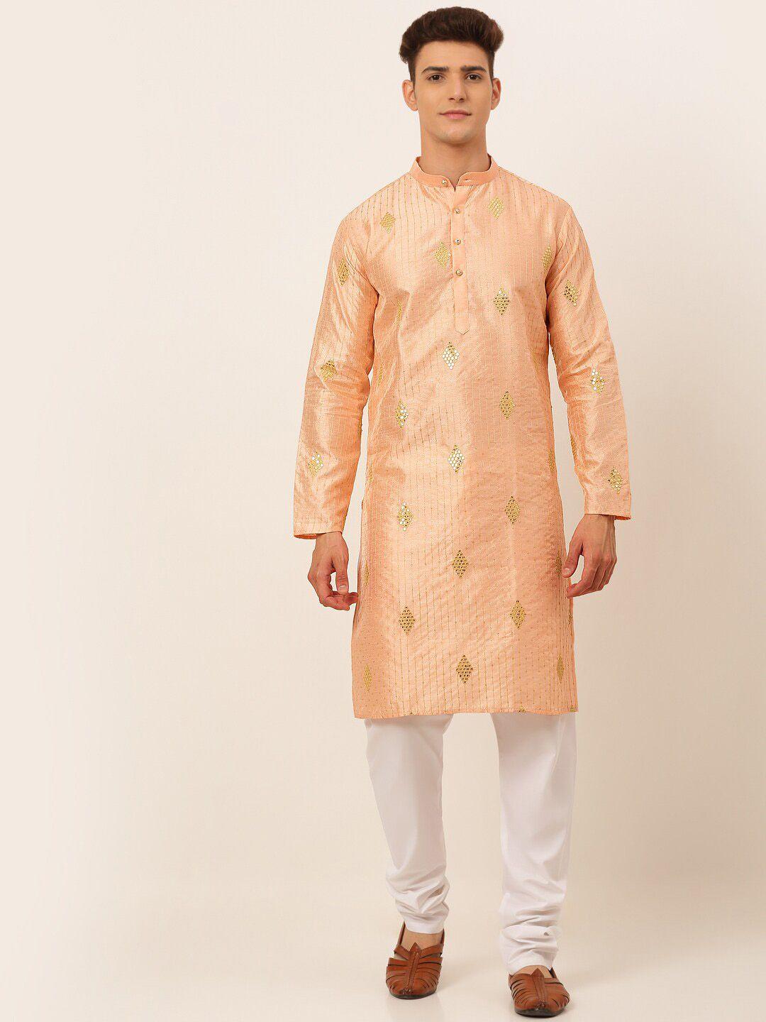 jompers men peach & white embroidered sequined kurta with churidar
