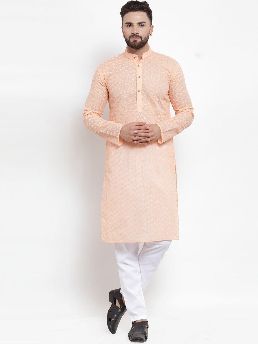 jompers men peach-coloured & white embroidered kurta with pyjamas