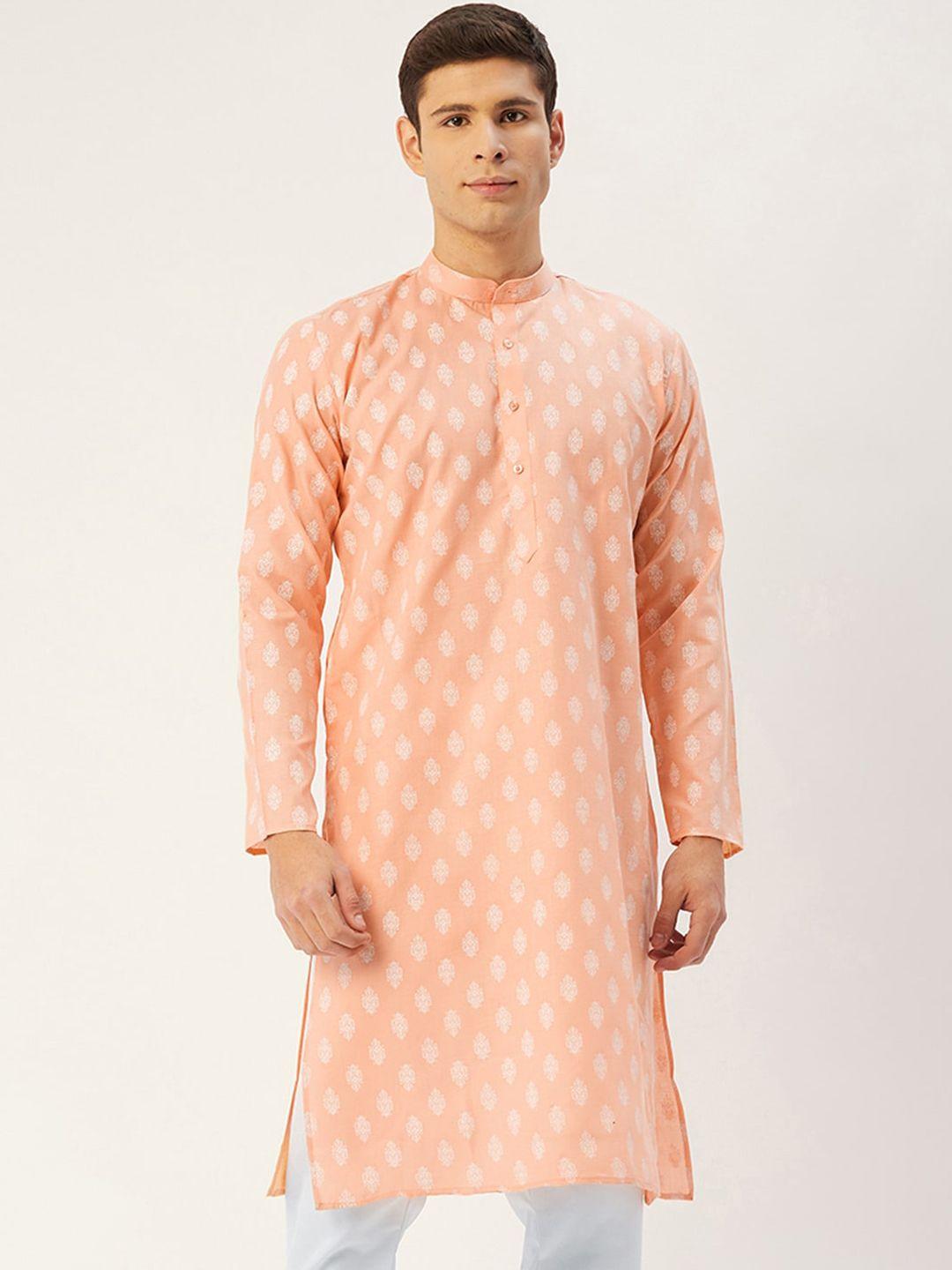 jompers men peach-coloured & white ethnic motifs kurta