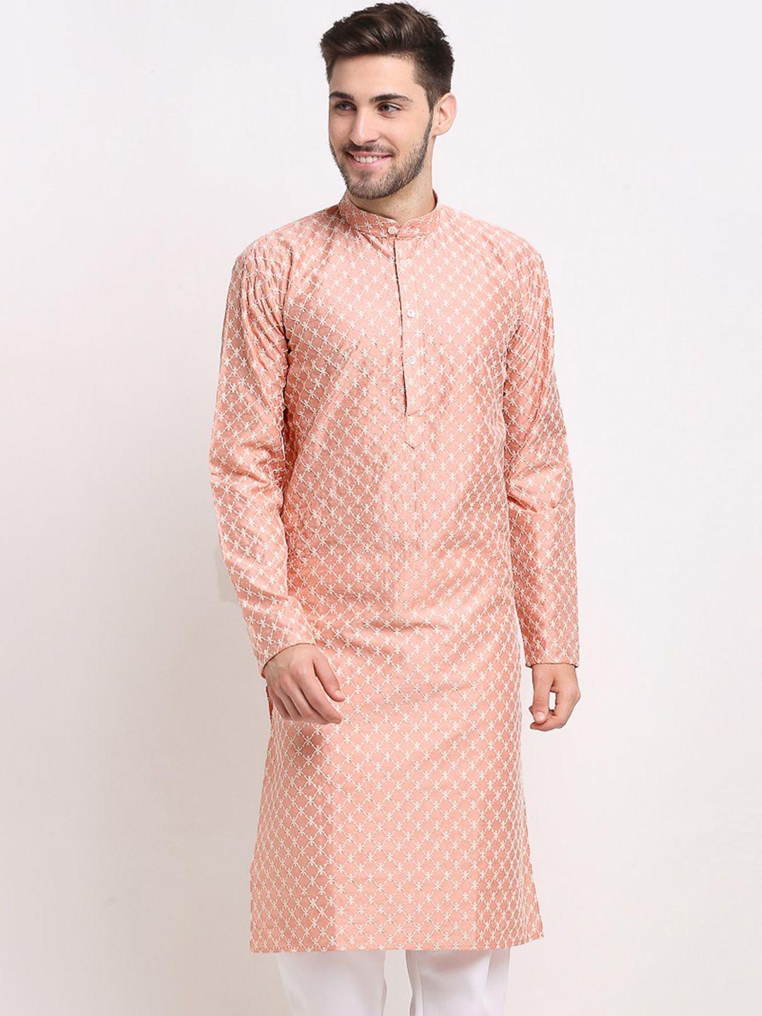 jompers men peach-coloured embroidered work kurta