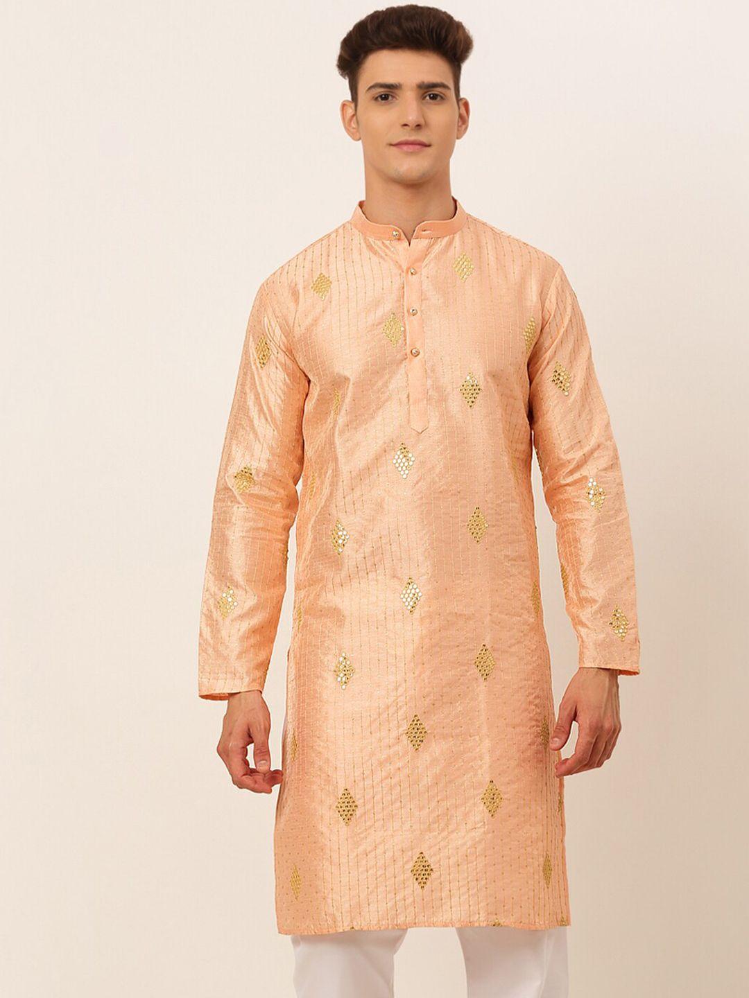 jompers men peach-coloured thread work kurta