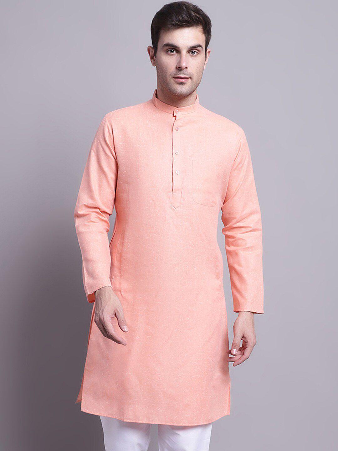 jompers men peach-coloured thread work kurta