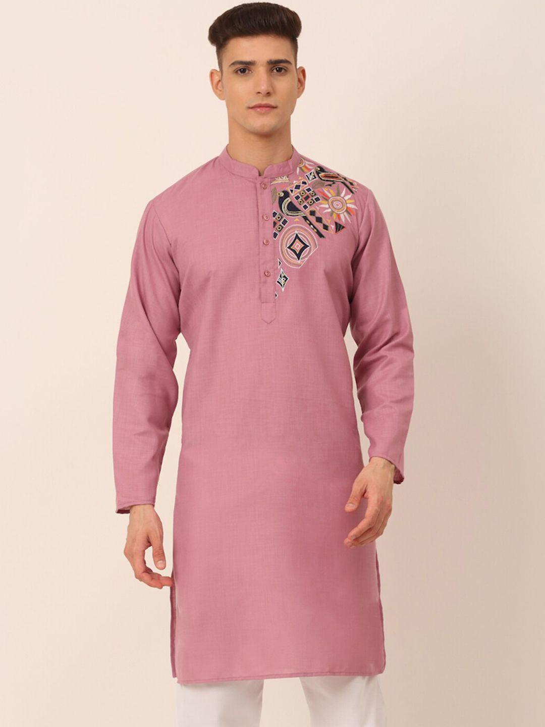 jompers men pink embroidered thread work kurta