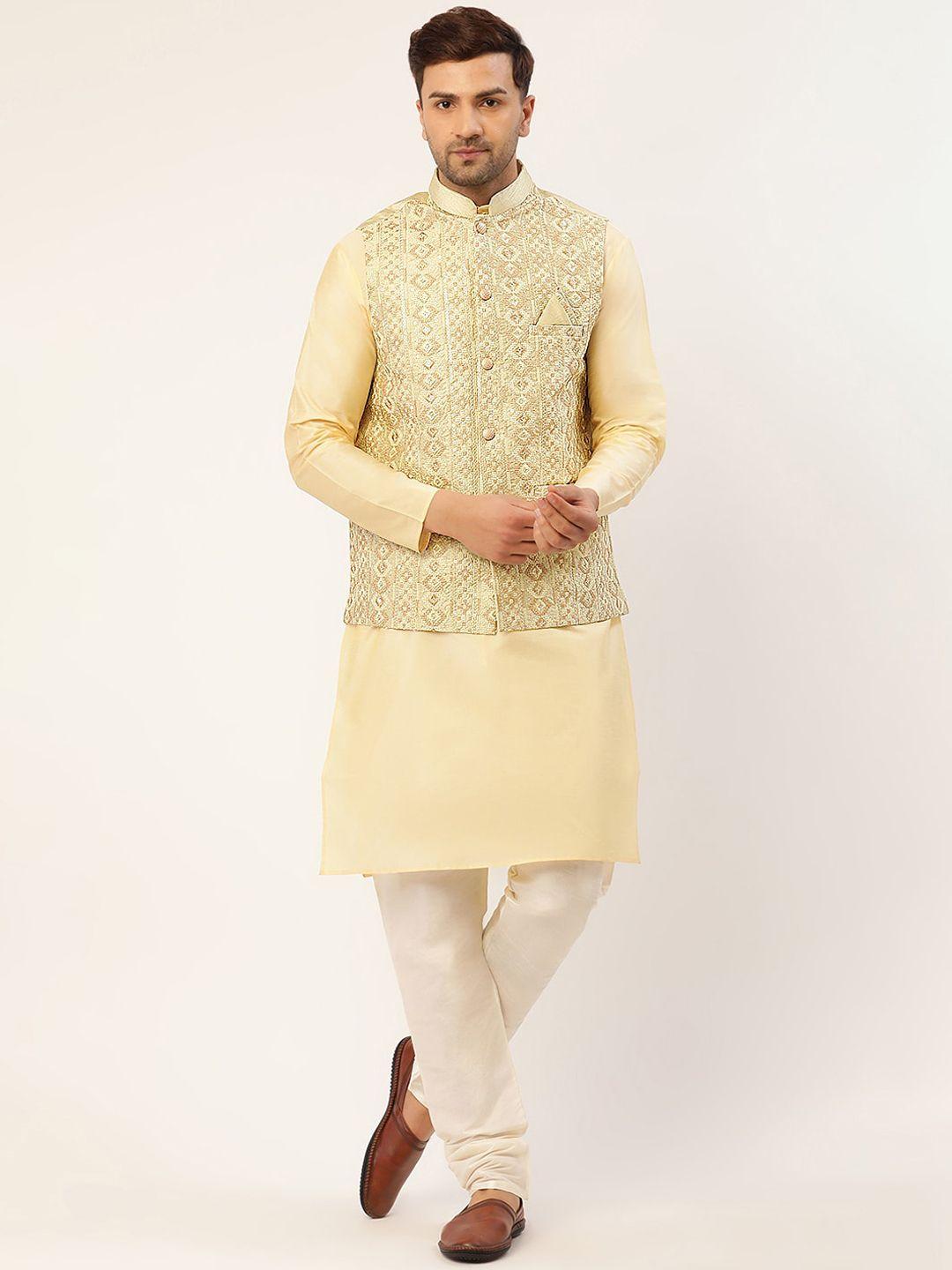 jompers men pista green & beige kurta with churidar with embroidered nehru jacket