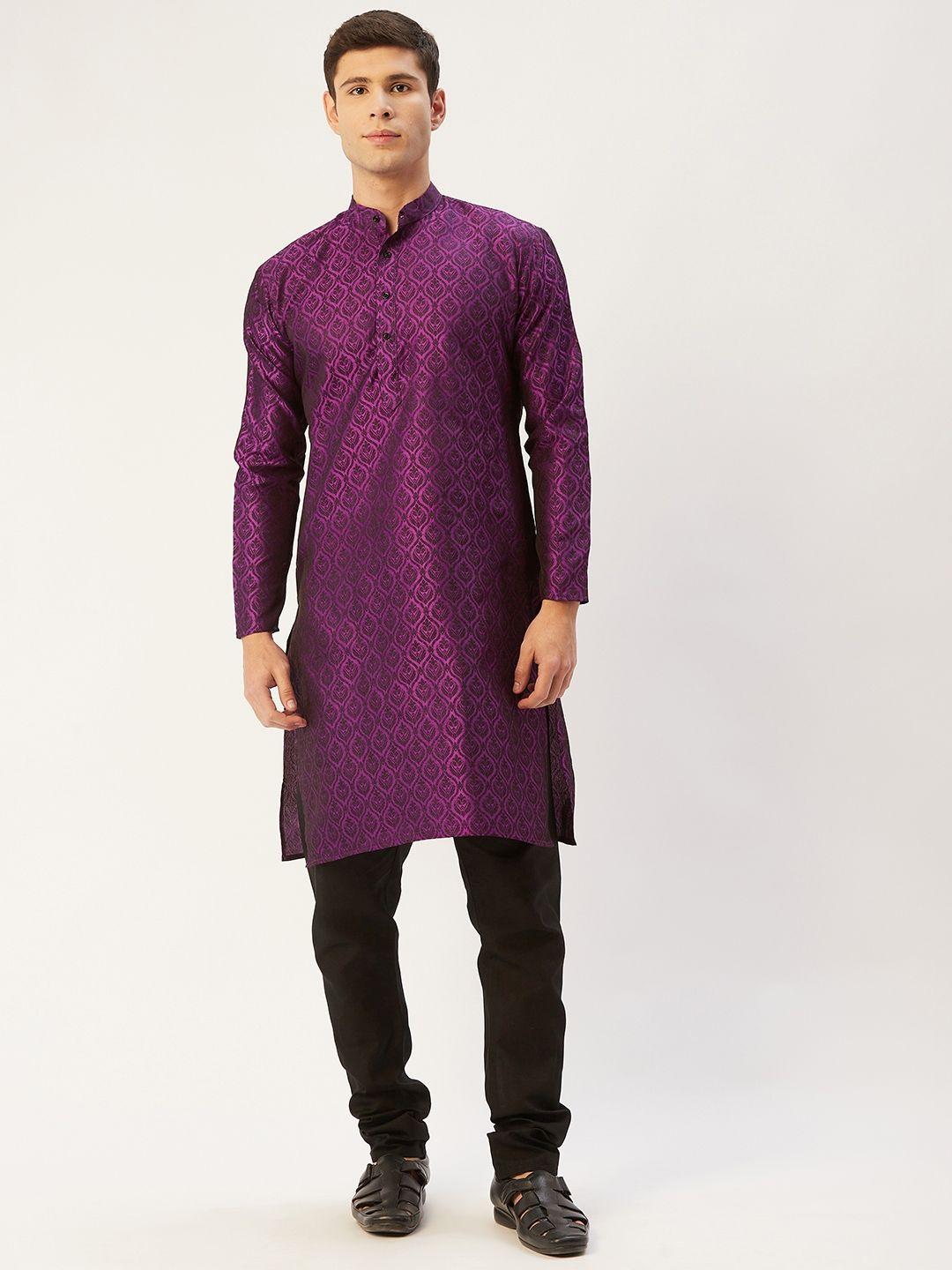 jompers men purple & black woven design jacquard kurta with churidar
