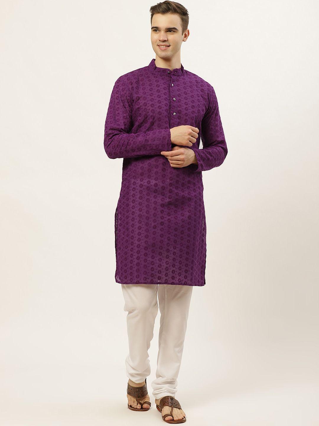 jompers men purple & white embroidered pure cotton kurta with churidar