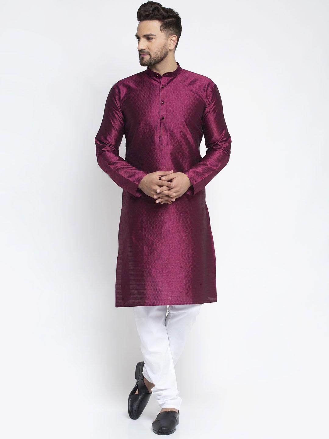 jompers men purple & white solid kurta with churidar