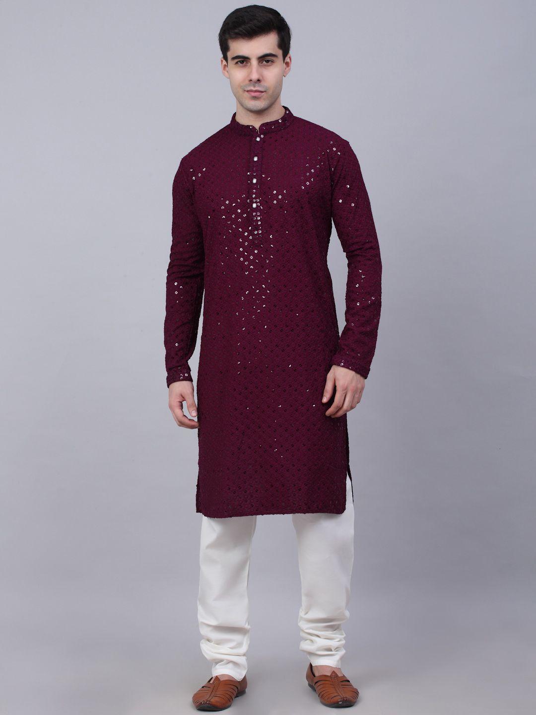 jompers men purple embroidered sequinned pure cotton kurta with churidar