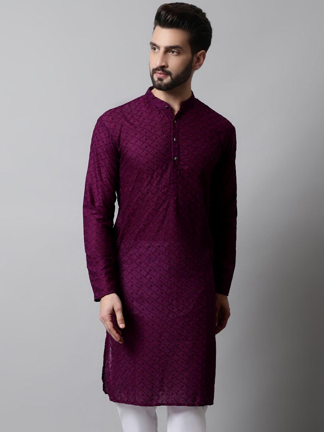 jompers men purple ethnic motifs embroidered thread work pure cotton kurta