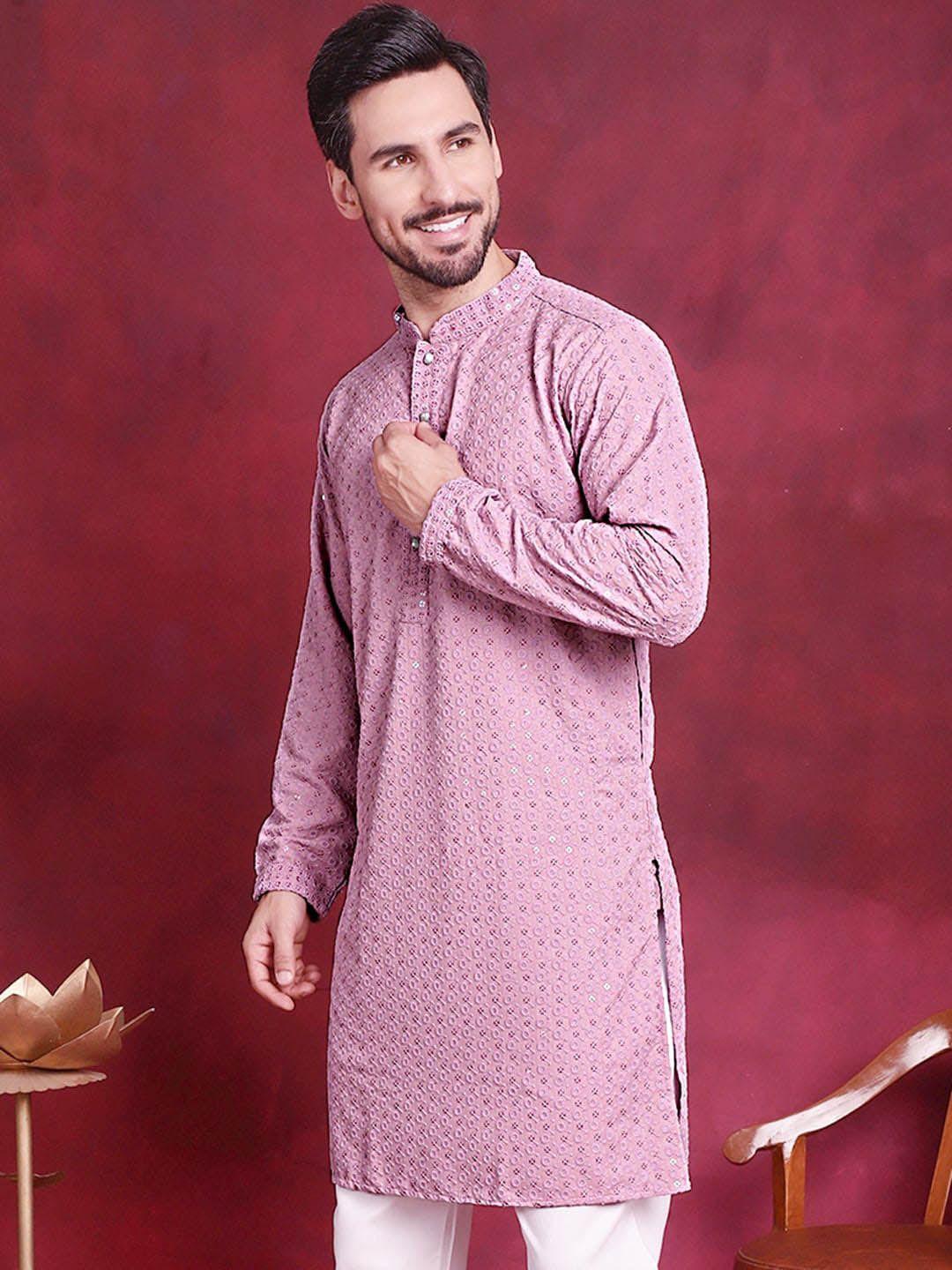 jompers men purple floral embroidered sequinned kurta