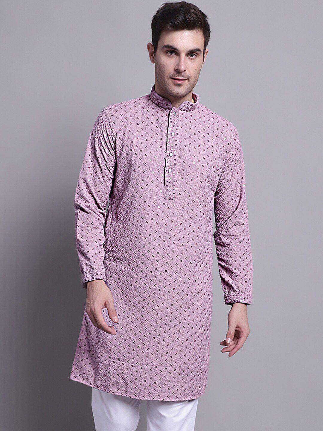 jompers men purple geometric printed thread work kurta