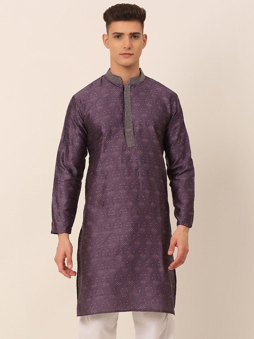 jompers men purple thread work floral jacquard kurta