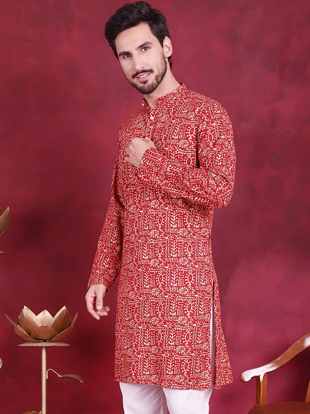 jompers men red & beige ethnic motifs printed kurta