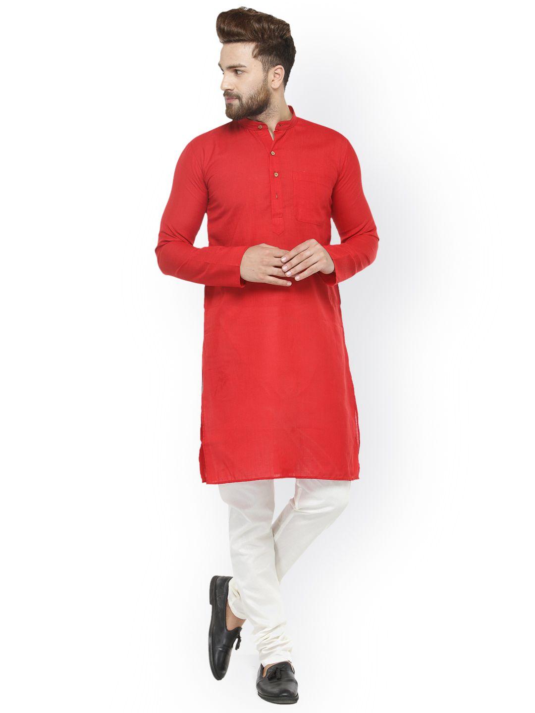 jompers men red & white solid kurta with churidar