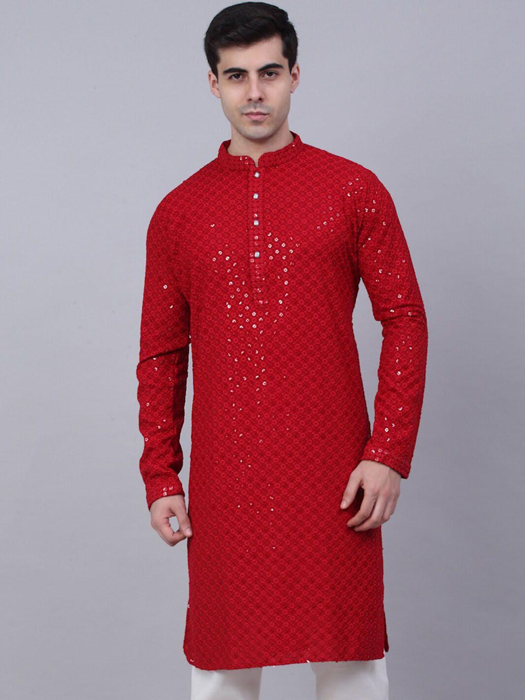 jompers men red ethnic motifs mirror work cotton kurta