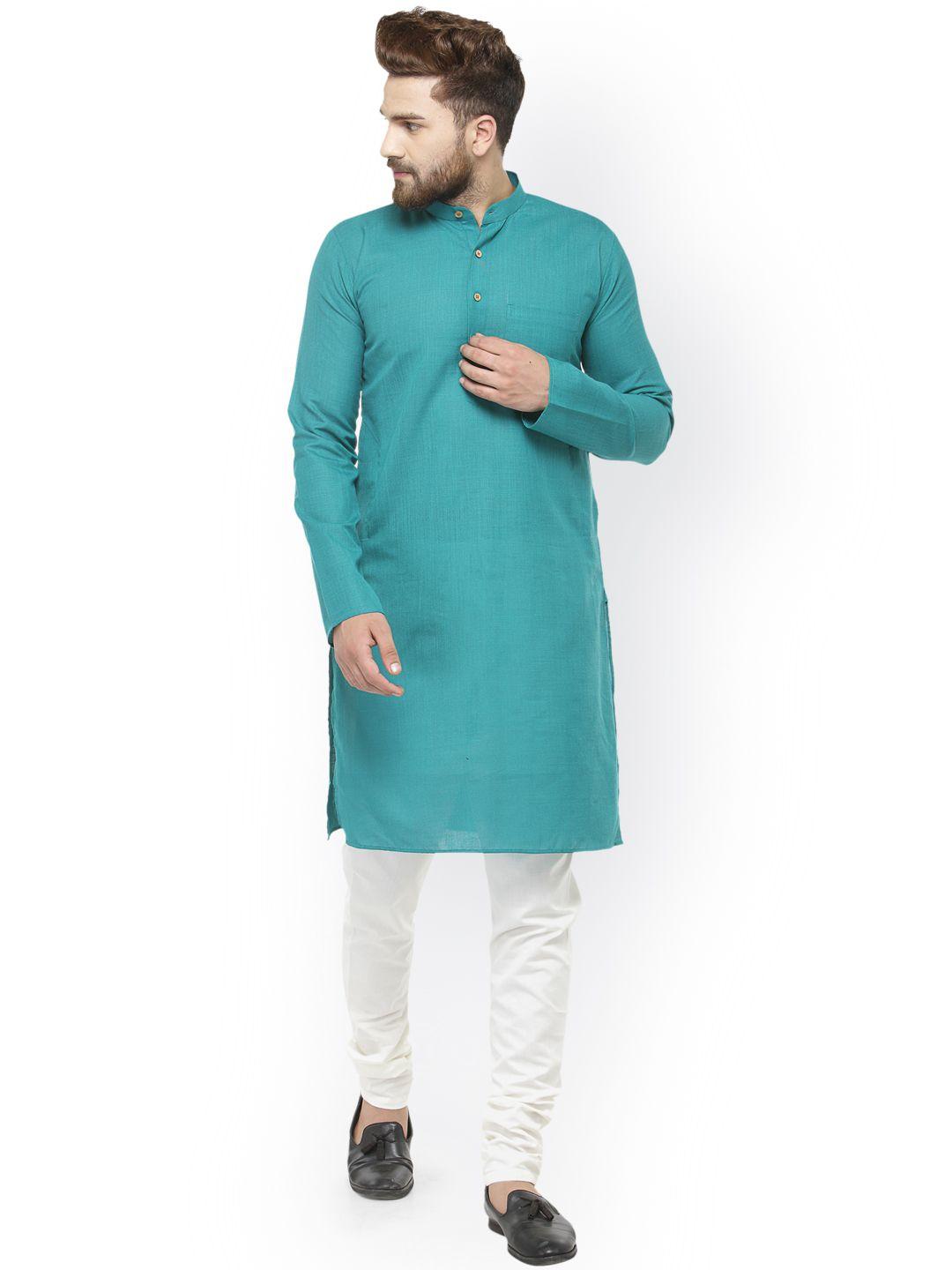 jompers men sea green & white solid kurta with churidar