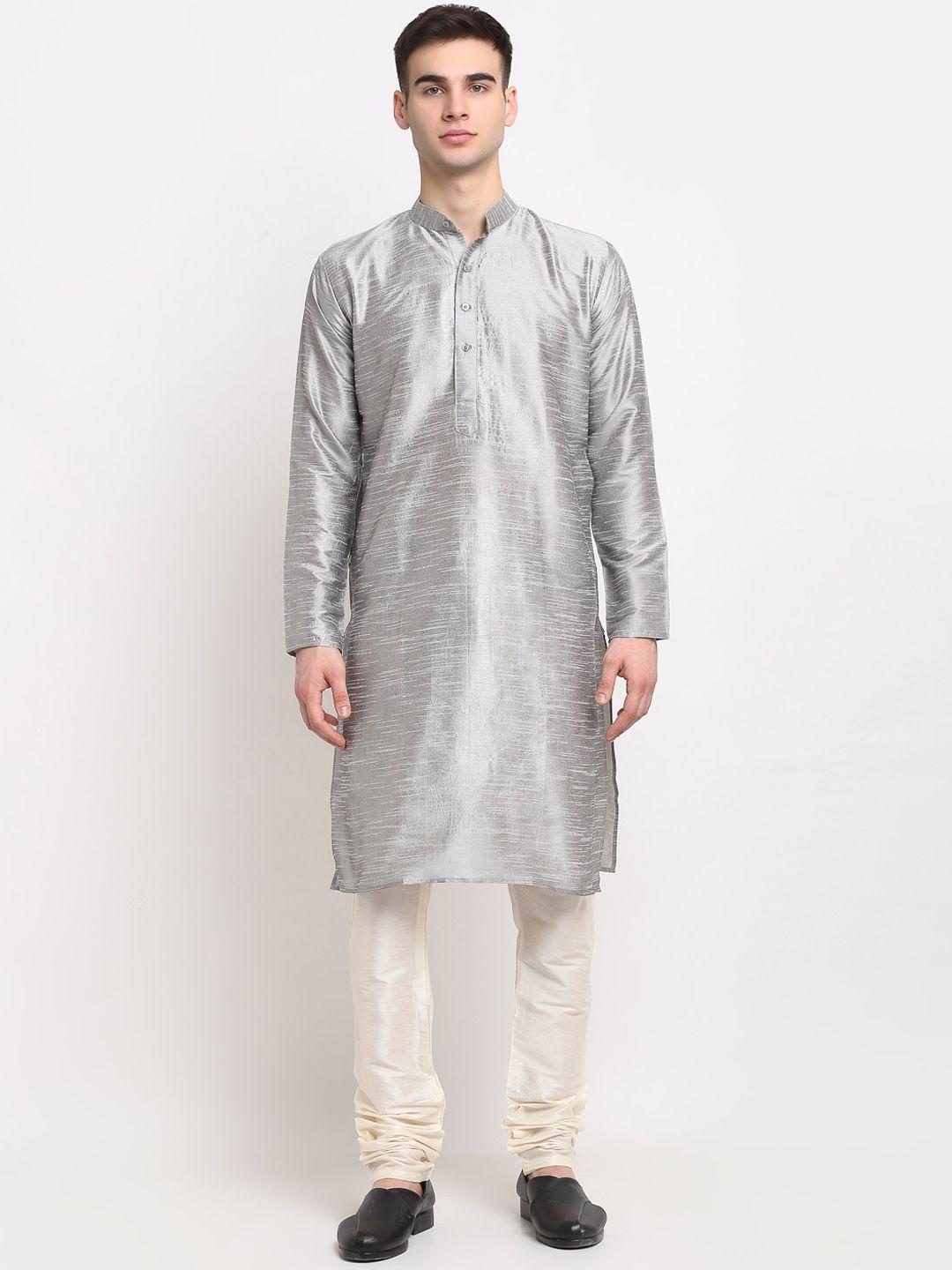 jompers men silver-toned & white dupion silk kurta with churidar