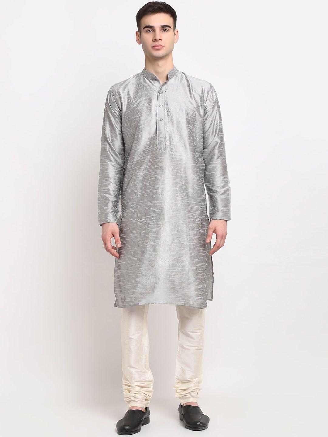 jompers men silver-toned self design dupion silk kurta