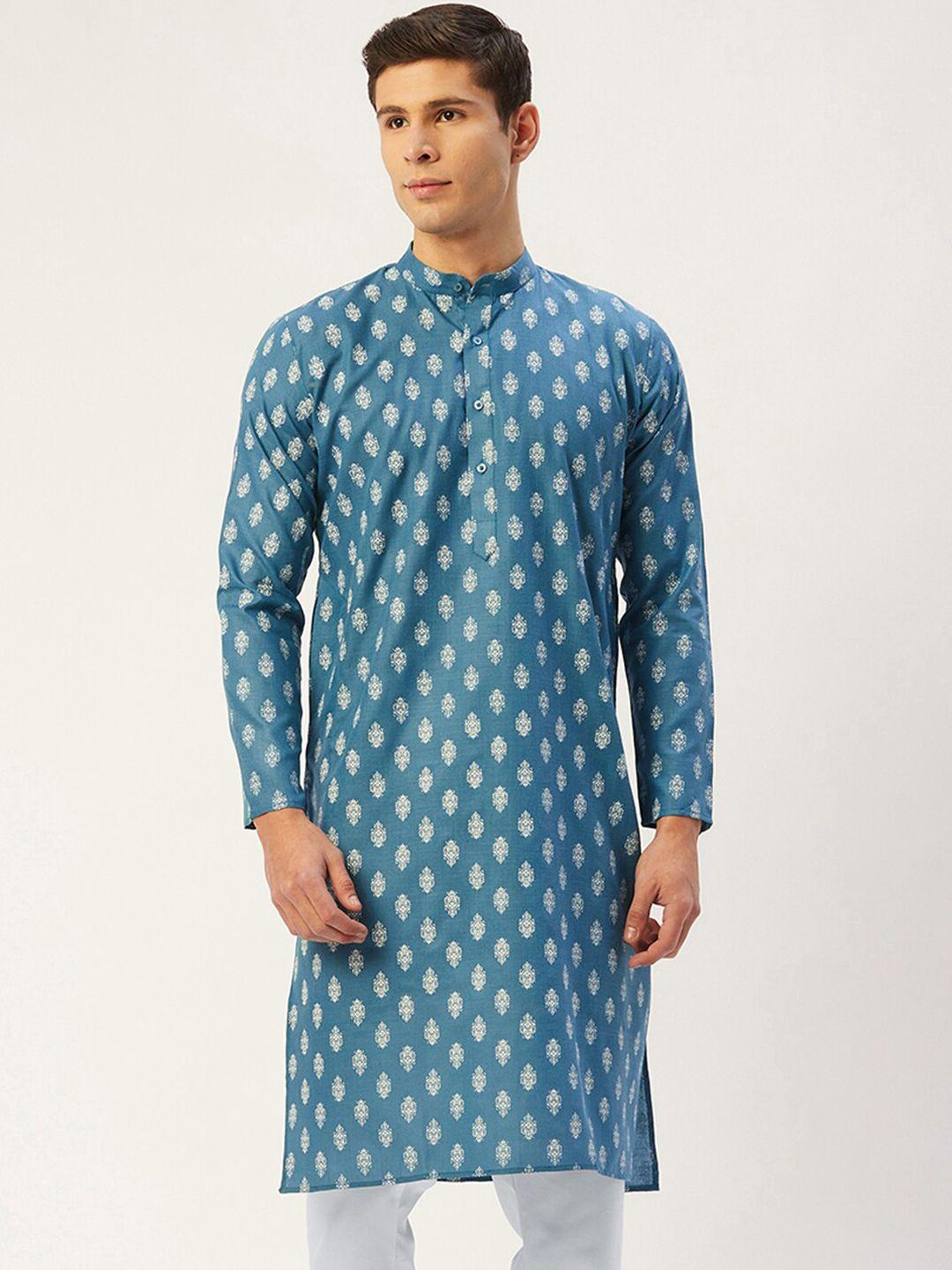 jompers men teal & white ethnic motifs thread work kurta