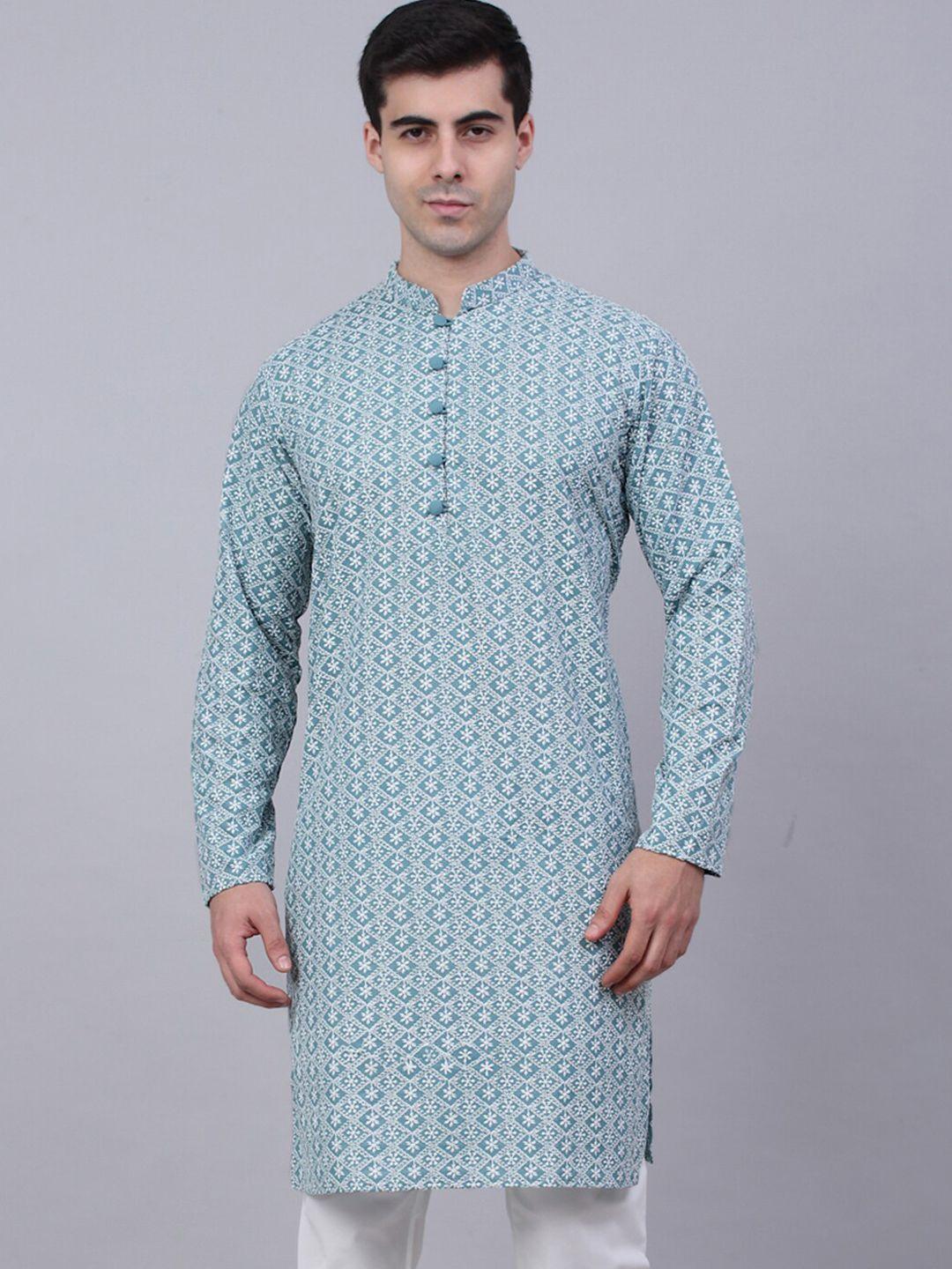 jompers men teal ethnic motifs embroidered thread work cotton kurta