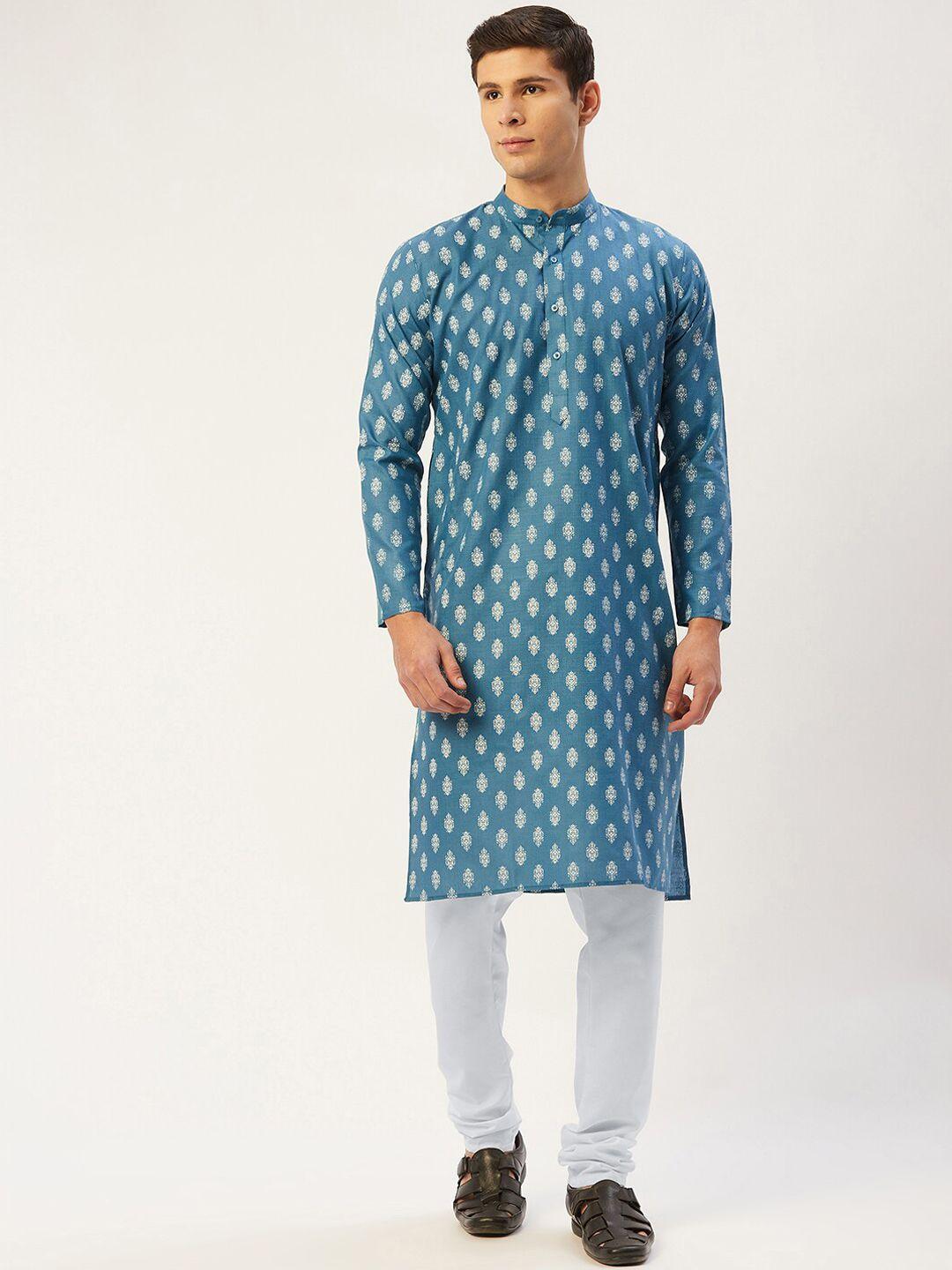 jompers men teal ethnic motifs printed kurta with pyjamas