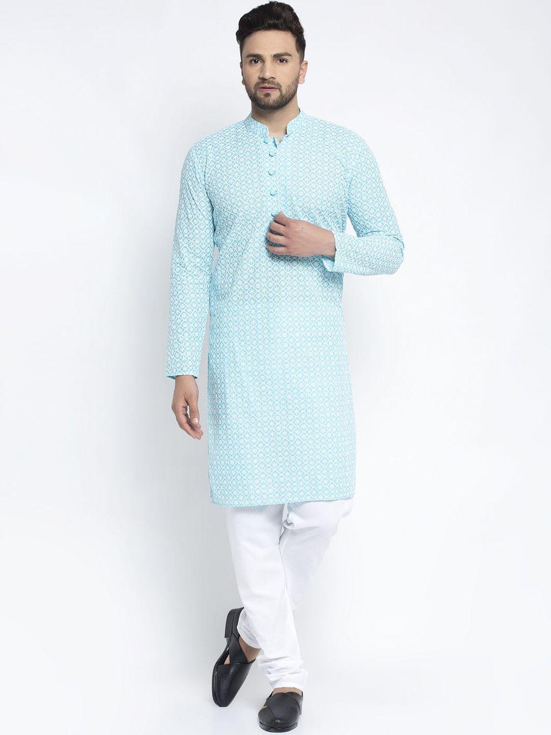 jompers men turquoise blue & white embroidered kurta with churidar