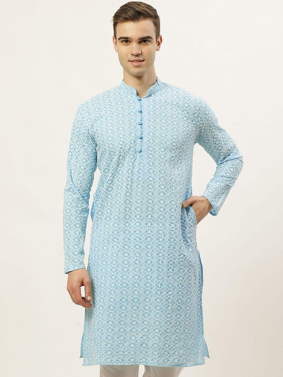 jompers men turquoise blue & white floral embroidered pure cotton kurta