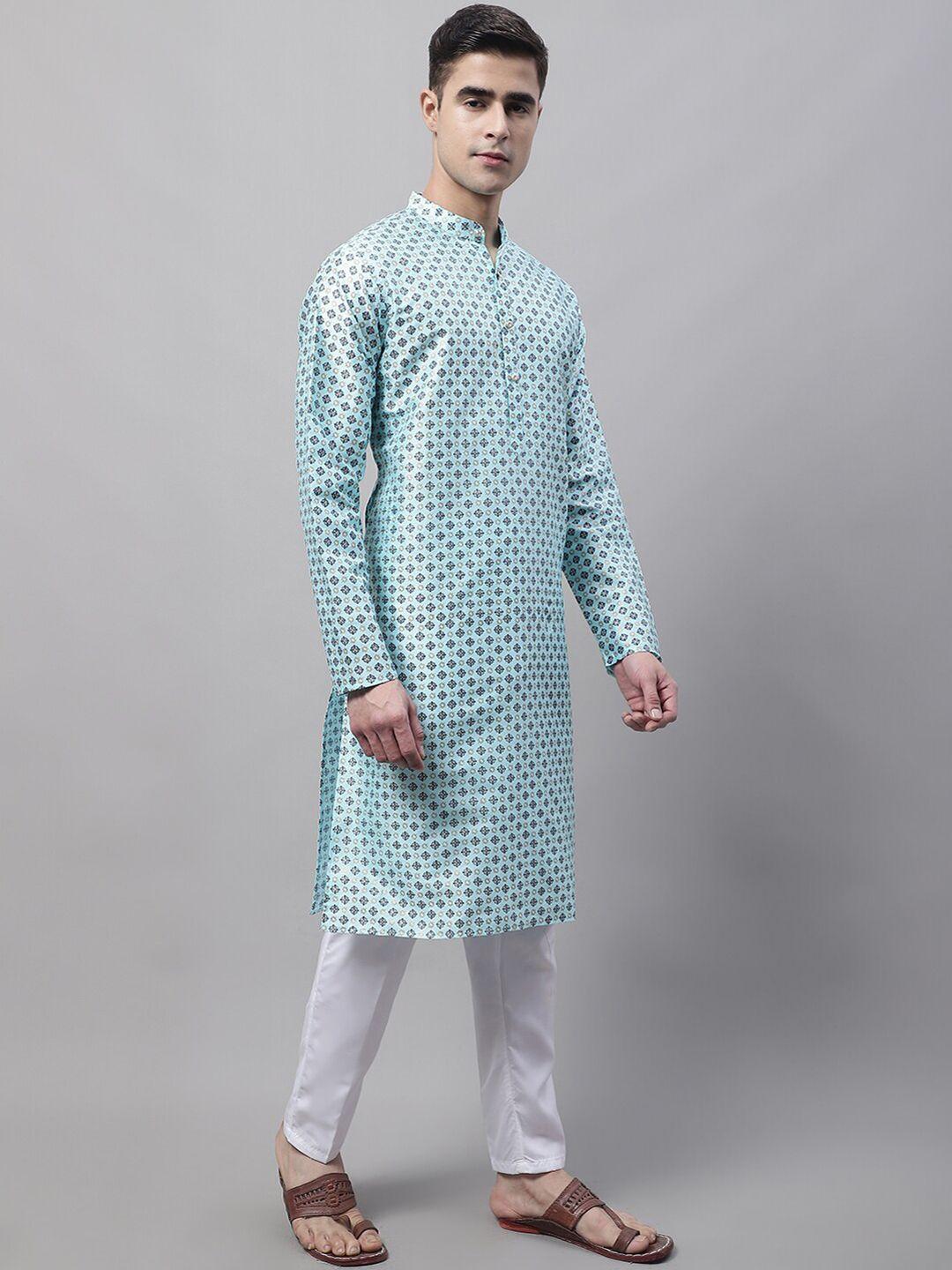 jompers men turquoise blue ethnic motifs printed kurta with pyjamas