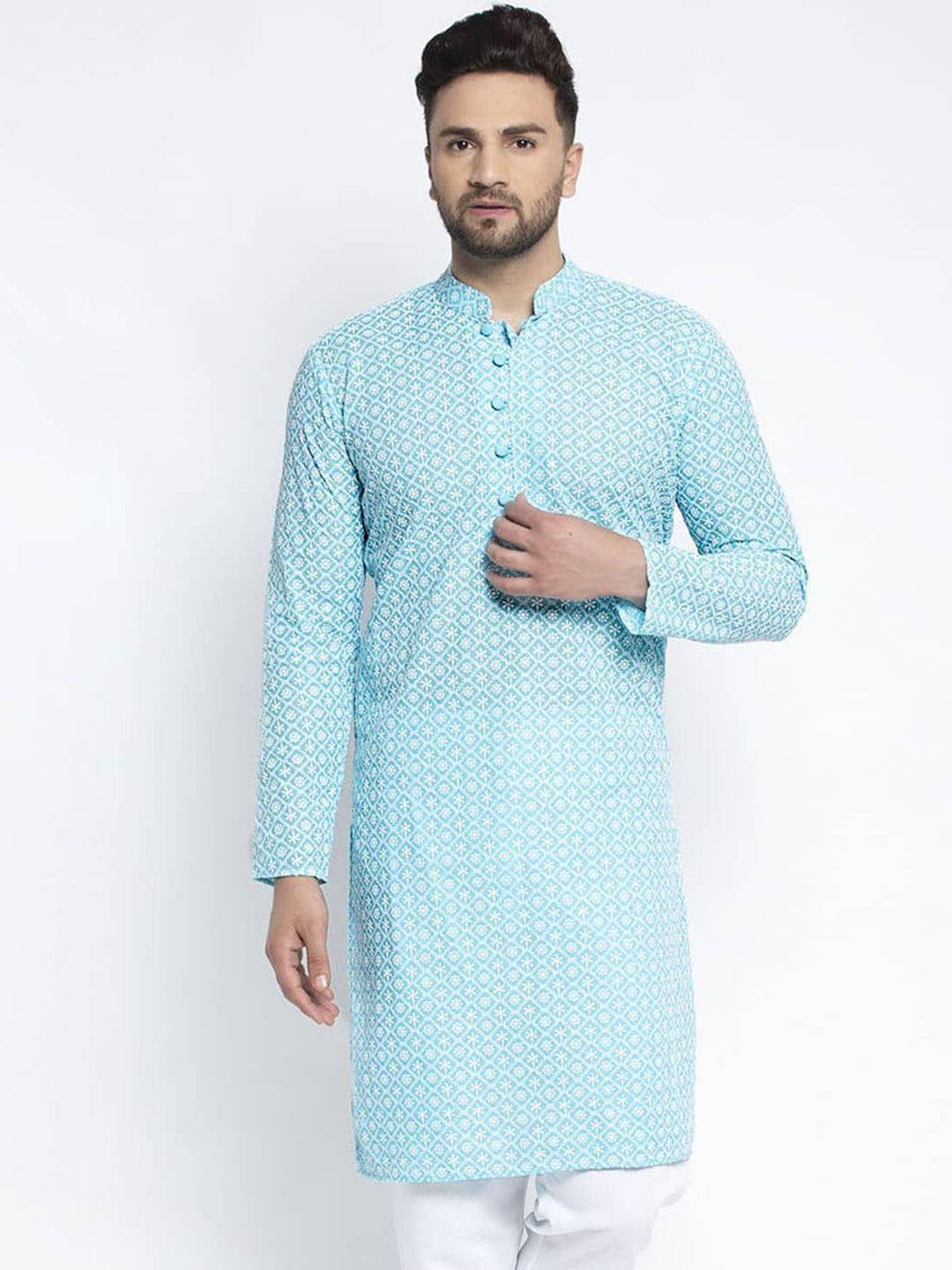 jompers men turquoise blue geometric thread work kurta