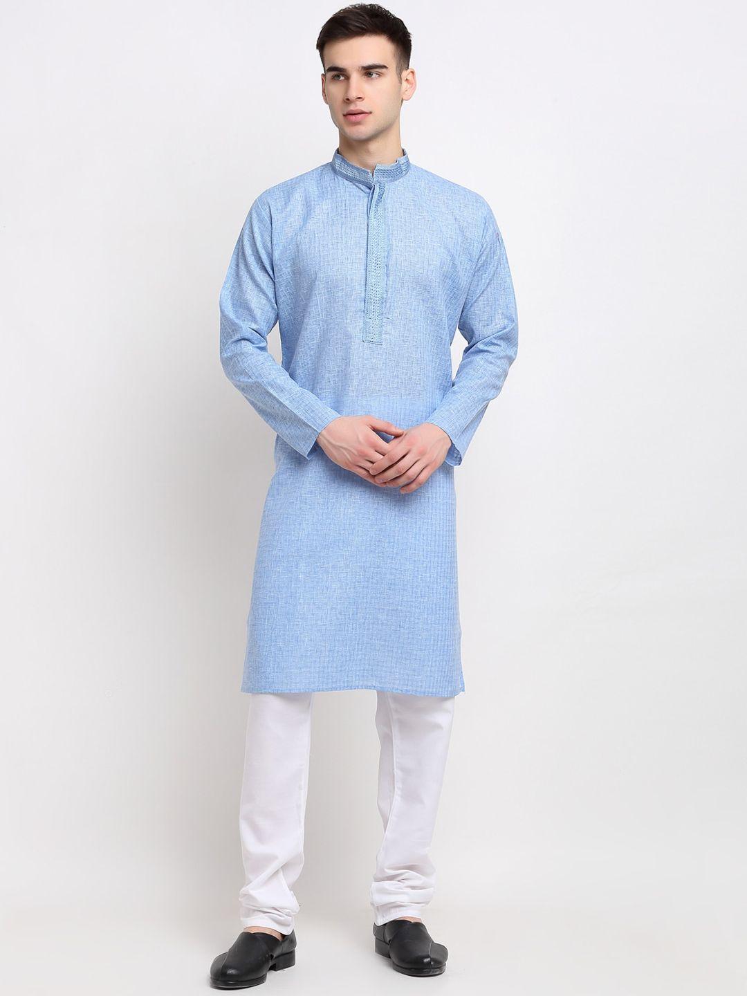 jompers men turquoise blue solid pure cotton kurta with churidar