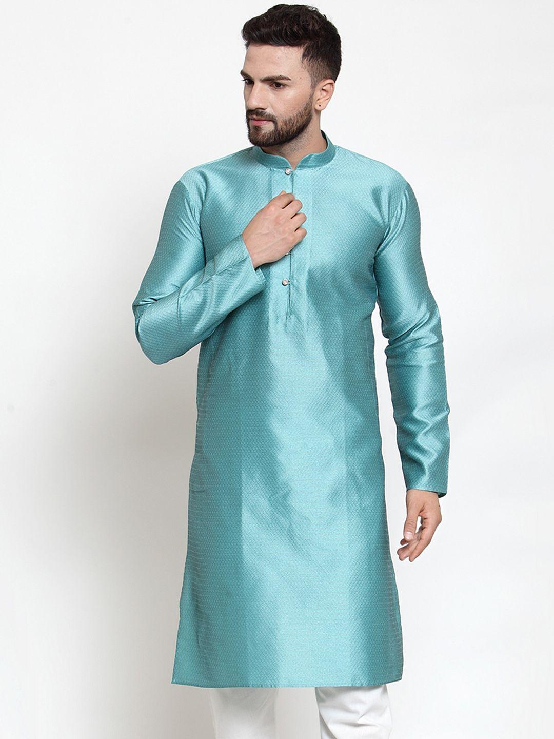 jompers men turquoise blue solid woven design straight kurta