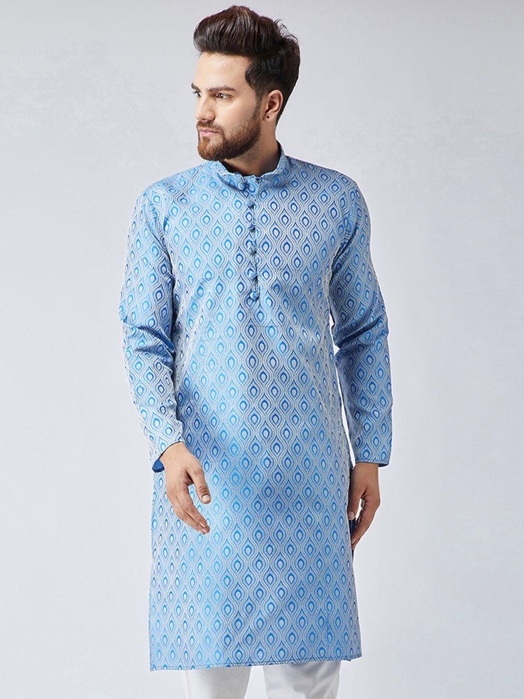 jompers men turquoise blue woven design straight kurta