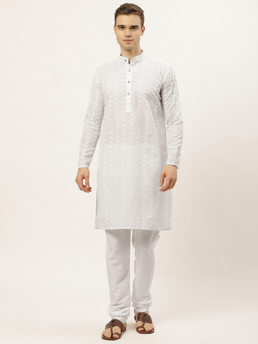 jompers men white chikankari embroidered pure cotton kurta with churidar