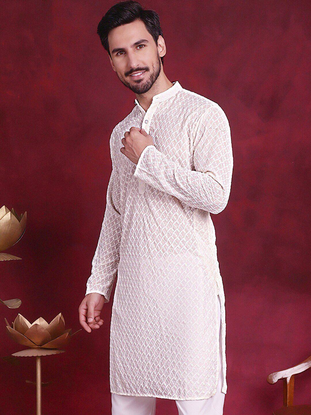 jompers men white leheriya embroidered chikankari kurta