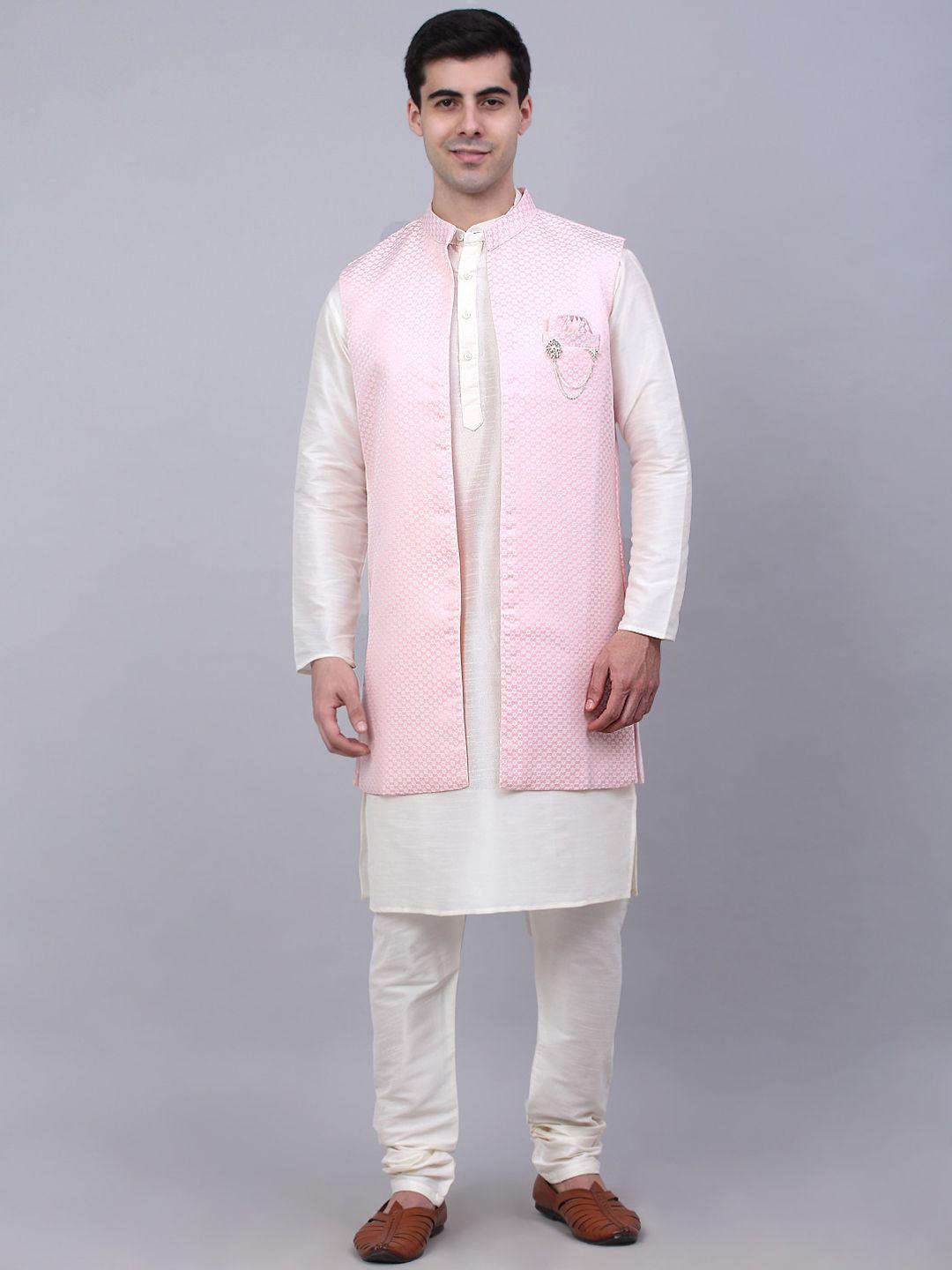 jompers men white solid kurta with churidar with waistcoat