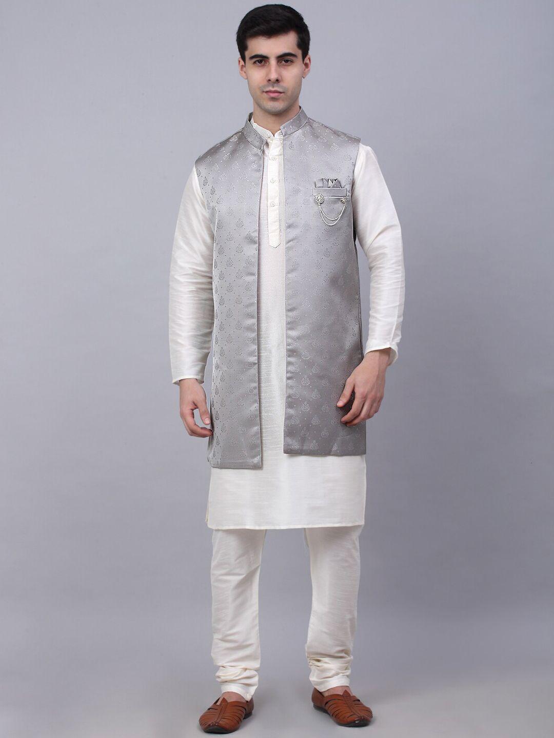 jompers men white solid kurta with churidar with waistcoat