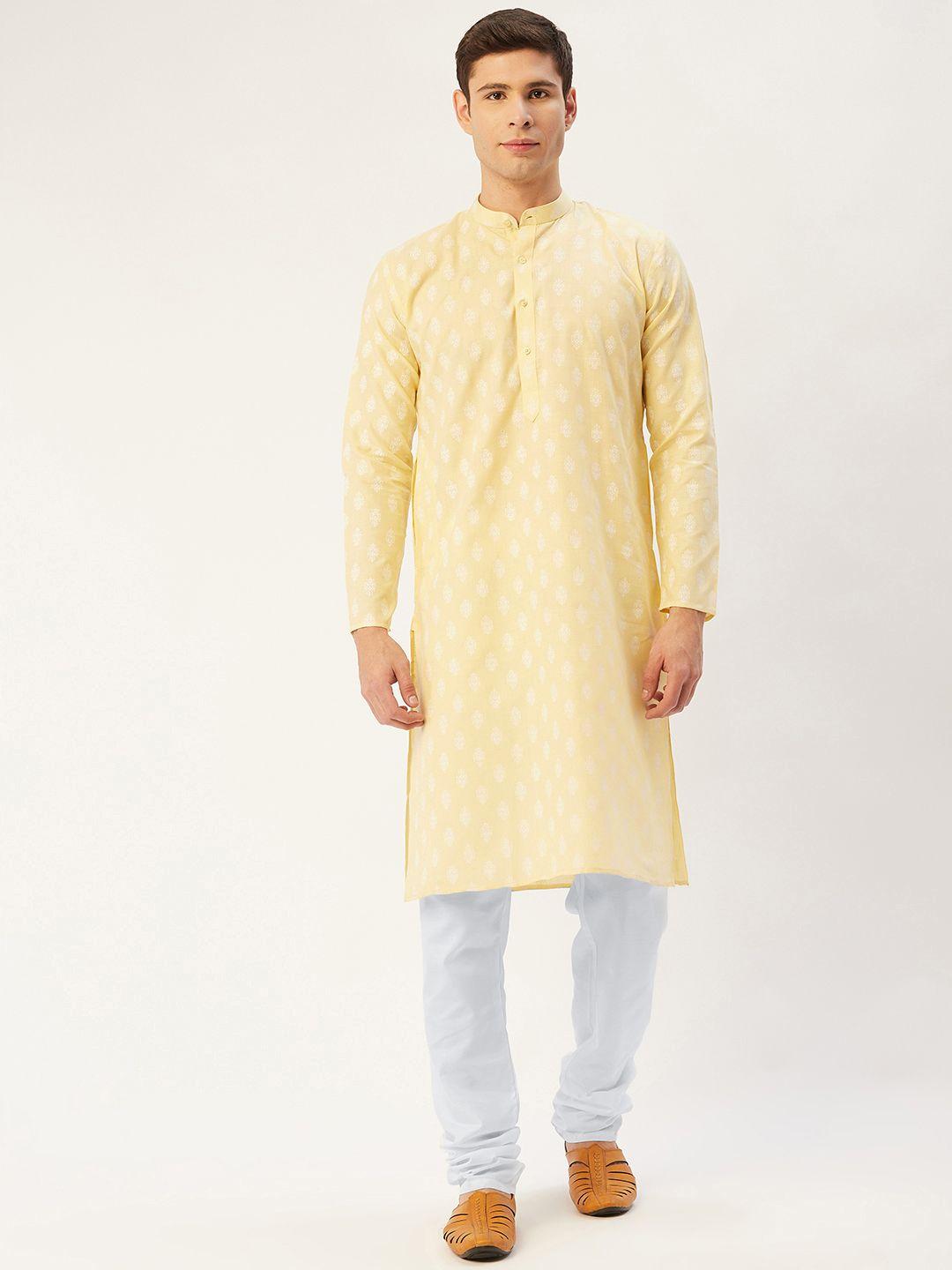 jompers men yellow & white ethnic motifs print regular kurta with churidar